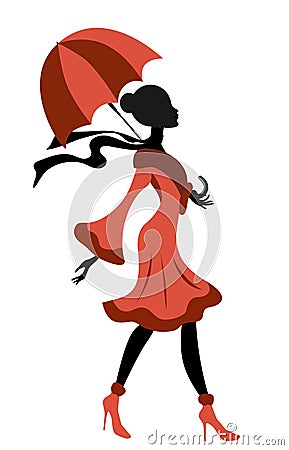 Elegant Lady Silhouette Walking with Umbrella Vector Illustration