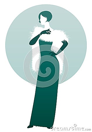 Elegant lady silhouette, wearing long evening dress, stole and gloves, isolated on white and green background. Retro style Vector Illustration