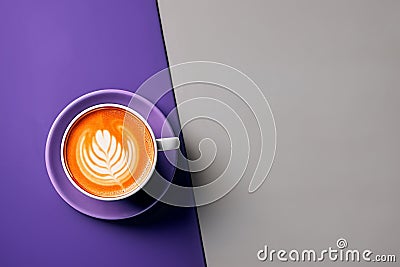 Elegant latte showcasing exquisite foam art on a half purple, half grey background. Generative AI. Stock Photo