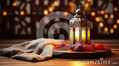 Elegant lattern and dried dates on wooden, ramadan eid mubarak concept Stock Photo