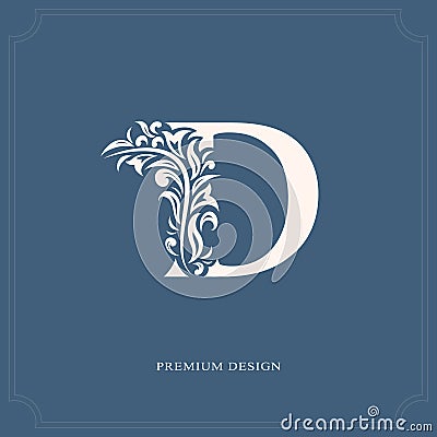 Elegant letter D. Graceful royal style. Calligraphic beautiful logo. Vintage drawn emblem for book design, brand name, business ca Vector Illustration