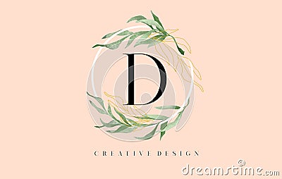 Elegant Letter D Logo Design With Waterbrush leafs and Simple Elegant Serif Letter Vector Illustration