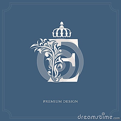 Elegant letter E with a crown. Graceful royal style. Calligraphic beautiful logo. Vintage drawn emblem for book design, brand name Vector Illustration