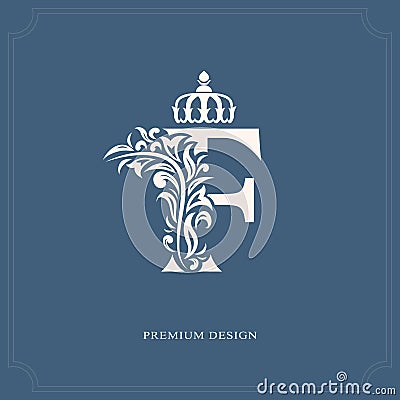 Elegant letter F with a crown. Graceful royal style. Calligraphic beautiful logo. Vintage drawn emblem for book design, brand name Vector Illustration