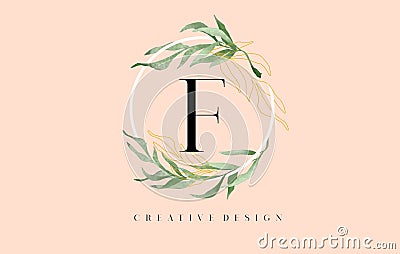 Elegant Letter F Logo Design With Waterbrush leafs and Simple Elegant Serif Letter Vector Illustration