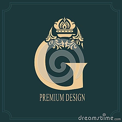 Elegant Letter G with Crown. Graceful Royal Style. Calligraphic Beautiful Logo. Vintage Drawn Emblem for Book Design, Brand Name, Vector Illustration