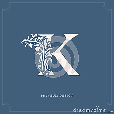 Elegant letter K. Graceful royal style. Calligraphic beautiful logo. Vintage drawn emblem for book design, brand name, business ca Vector Illustration