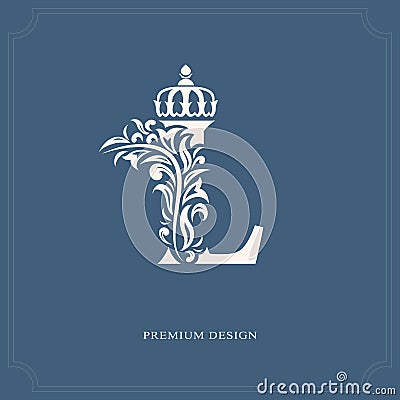 Elegant letter L with a crown. Graceful royal style. Calligraphic beautiful logo. Vintage drawn emblem for book design, brand name Vector Illustration