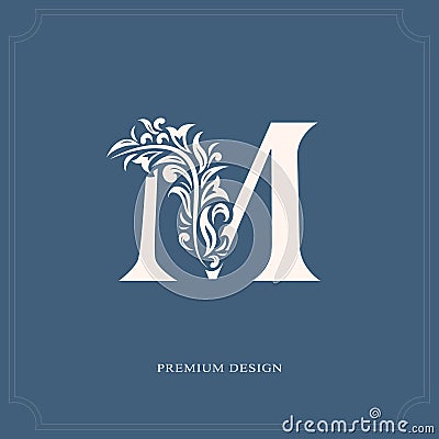 Elegant letter M. Graceful royal style. Calligraphic beautiful logo. Vintage drawn emblem for book design, brand name, business ca Vector Illustration