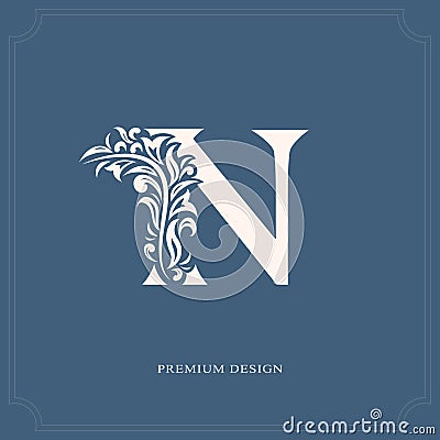 Elegant letter N. Graceful royal style. Calligraphic beautiful logo. Vintage drawn emblem for book design, brand name, business ca Vector Illustration