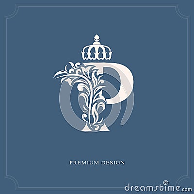 Elegant letter P with a crown. Graceful royal style. Calligraphic beautiful logo. Vintage drawn emblem for book design, brand name Vector Illustration