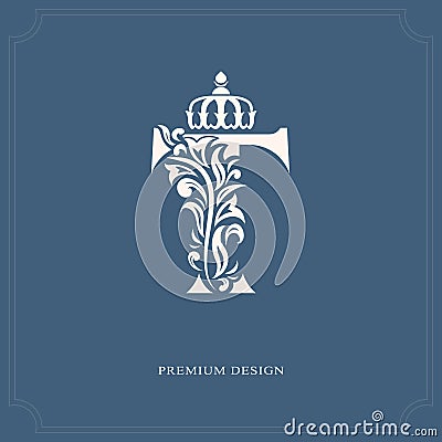 Elegant letter T with a crown. Graceful royal style. Calligraphic beautiful logo. Vintage drawn emblem for book design, brand name Vector Illustration