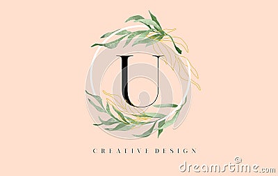 Elegant Letter U Logo Design With Waterbrush leafs and Simple Elegant Serif Letter Vector Illustration