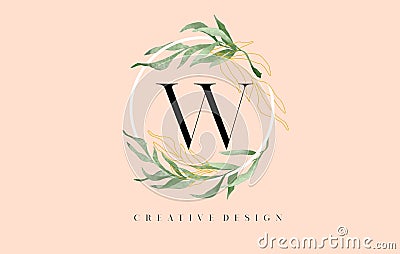 Elegant Letter W Logo Design With Waterbrush leafs and Simple Elegant Serif Letter Vector Illustration