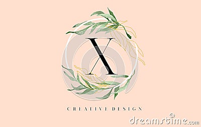 Elegant Letter X Logo Design With Waterbrush leafs and Simple Elegant Serif Letter Vector Illustration