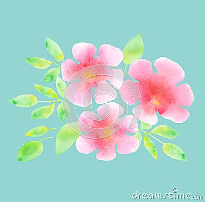 Elegant light rosy blossom on blue mint color background. Cartoon Illustration