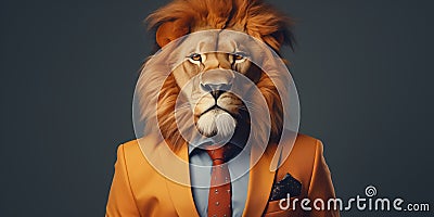 Elegant lion businessman with human body, wearing business suit, looking at camera. Stock Photo