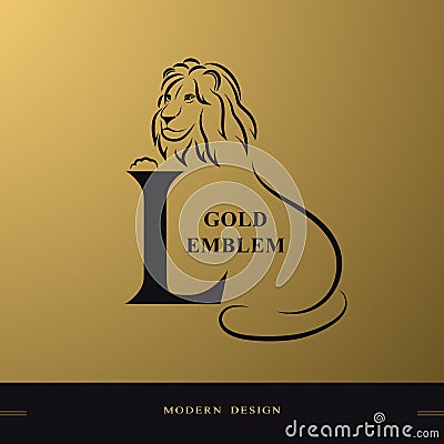 Elegant lion with Capital letter L. Graceful Royal Style. Creative Beautiful Logo. Vintage Drawn Emblem for Book Design, Brand Vector Illustration