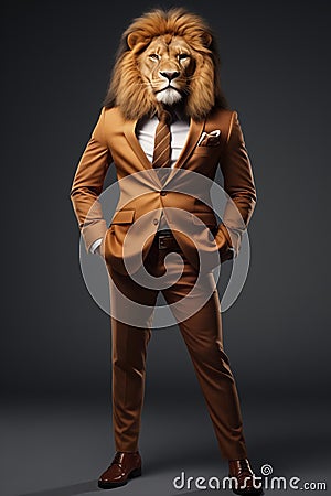 Elegant lion with human body in full length in cool pose, wearing business suit, standing with hands in pockets. Stock Photo