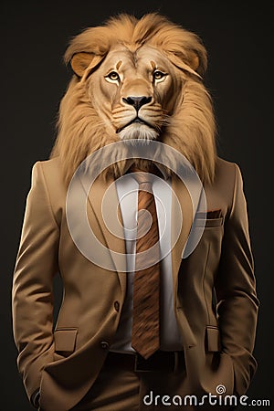 Elegant lion with human body, wearing business suit, standing with hands in pockets Stock Photo