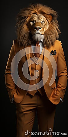 Elegant lion with human body, wearing business suit, standing with hands in pockets Stock Photo