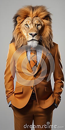 Elegant lion with human body, wearing business suit, standing with hands in pockets Stock Photo
