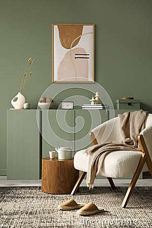Elegant living room interior design with mockup poster frame, modern frotte armchair, wooden commode and stylish accessories. Stock Photo