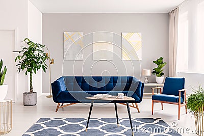 Elegant living room interior with a set of dark blue sofa and armchair. Gold and silver contemporary paintings on the background w Stock Photo