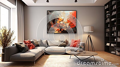 Elegant living room interior with sofa, striking red pillows and 3d abstract painting in red and gold Stock Photo