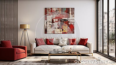 Elegant living room interior with sofa, striking red pillows and 3d abstract painting in red and gold Stock Photo