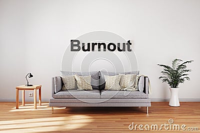 Elegant living room interior with stacks of moving boxes and vintage sofa; burnout stress concept; 3D Illustration Stock Photo