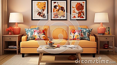 Elegant living room interior with yellow sofa, striking pillows and 3d abstract paintings in red and gold Stock Photo