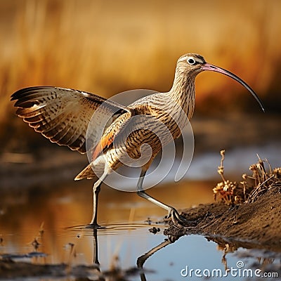 Elegant Long-billed Curlew, Numenius americanus, thrives in serene wetland environments. Stock Photo