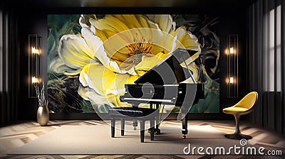 Elegant luxury dark music room with lotus oil painting in yellow and white Stock Photo