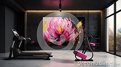 Elegant luxury fitness room with exercise machines with vivid magenta colors Stock Photo