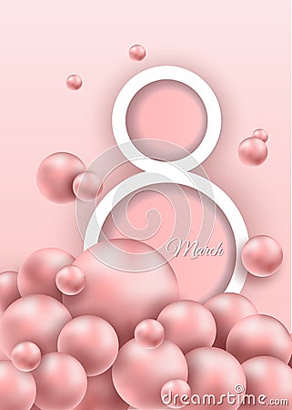 Elegant luxury international women`s day 8 march card with pink background and pink pearls. 8th march happy woman day layout Stock Photo