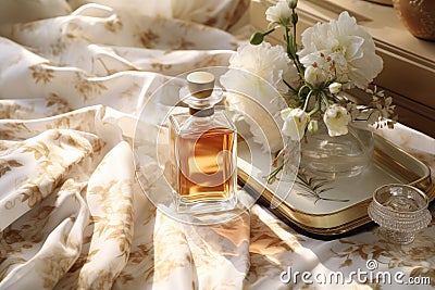 Elegant luxury perfume bottle on opulent fabric, evoking sophistication and refinement Stock Photo