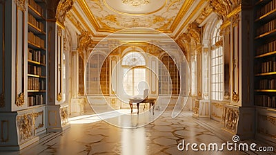 Elegant luxury white library and working room with abstract oil painting in gold and white Stock Photo