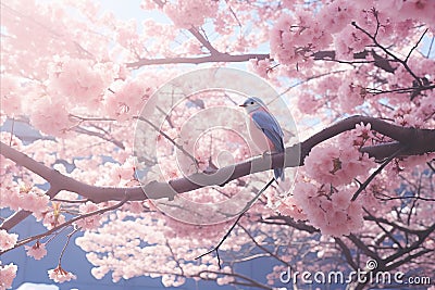 Elegant and Majestic Bird Perched on Blossoming Apple Tree Branch in Tranquil Spring Garden Stock Photo