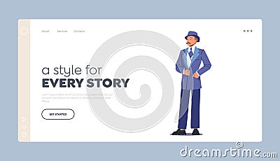 Elegant Man of Nineteenth Century Landing Page Template. English Victorian Gentleman in Hat and Vintage Costume Vector Illustration