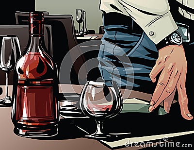 Elegant man's hand next to a glass of brandy. Vector Illustration