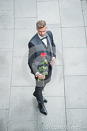 elegant man in tuxedo. man wearing bowtie suit outdoor. grizzle tuxedo man with red rose Stock Photo