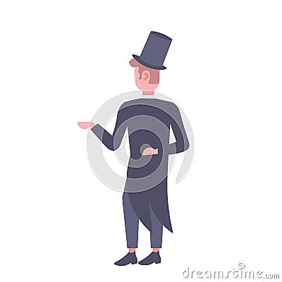 Elegant man wearing suit and tall hat rear view gentleman standing pose male cartoon character full length flat isolated Vector Illustration
