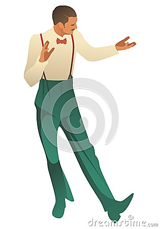 Elegant man wearing vintage style clothes dancing retro dance isolated on white background Stock Photo