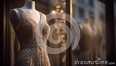 Elegant mannequin showcases fashionable wedding dress in boutique generative AI Stock Photo