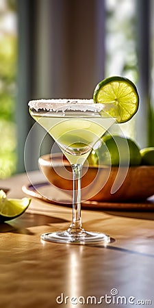 Elegant Margarita cocktail on a wooden table with a slice of lime. AI-generated. Stock Photo