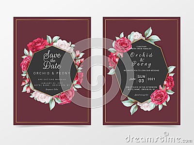 Elegant maroon wedding invitation card template with watercolor floral. Luxury wedding cards of flowers and golden decoration Vector Illustration