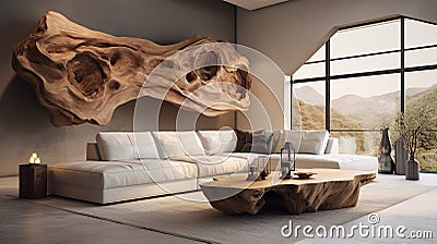 elegant massive wood root panel in room with beige corner sofa Stock Photo
