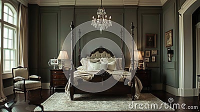 Elegant master bedroom with a stately four-poster bed, dark floors, and subtle colors, lit by a beautiful classic Stock Photo