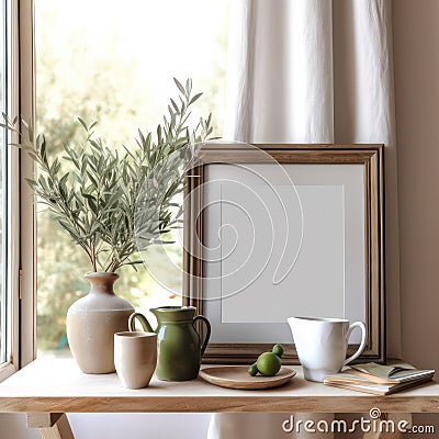 Elegant Mediterranean home interior. Summer home still life created with Generative AI Stock Photo